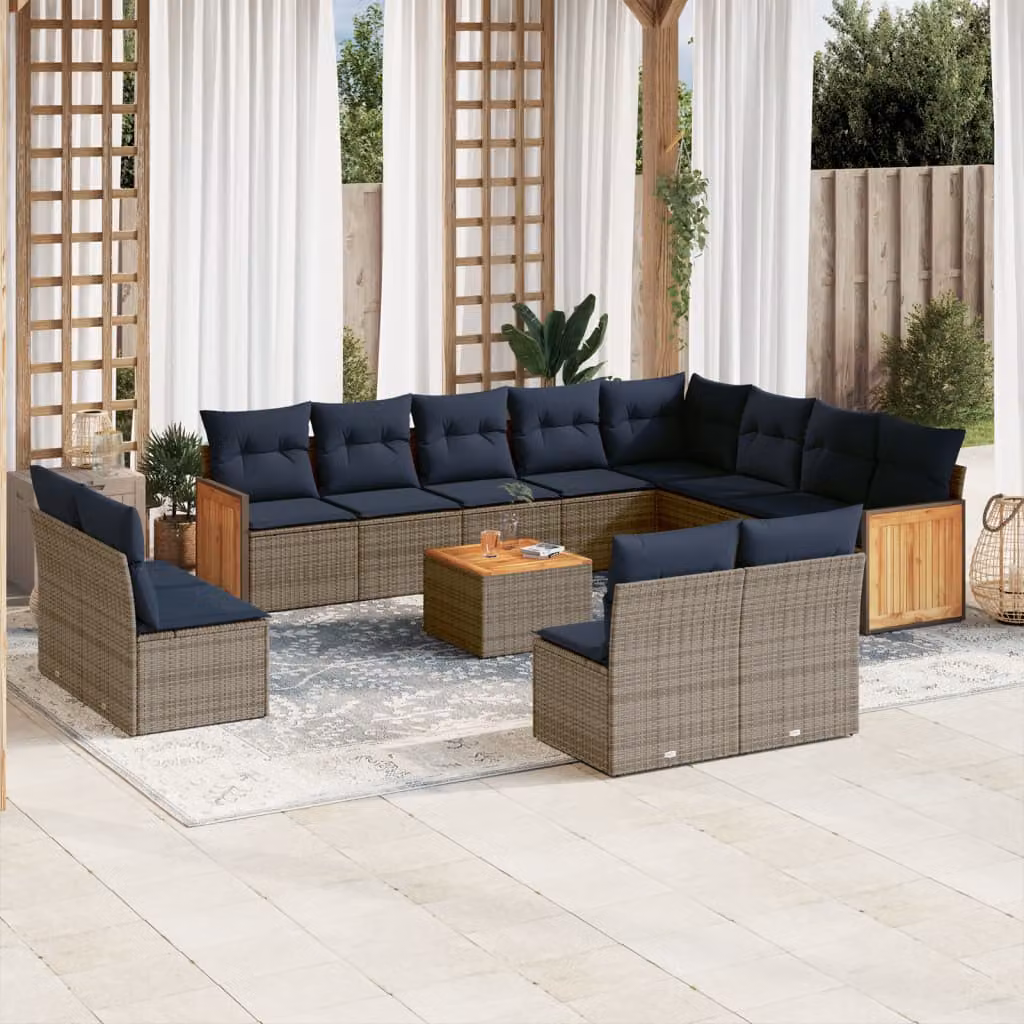 Set di divani da giardino vidaXL a forma di U in polyrattan con cuscini grigi e blu e tavolino da esterno