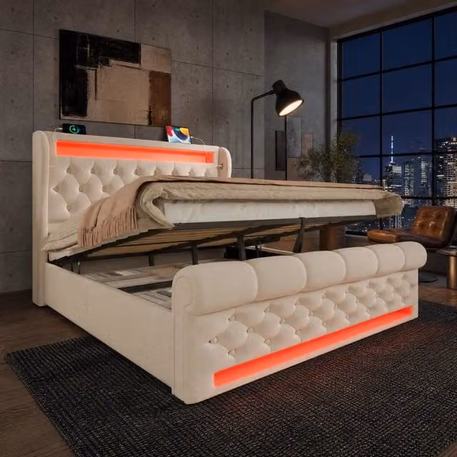 Letto matrimoniale 140x200 cm in velluto beige con LED e contenitore, senza materasso