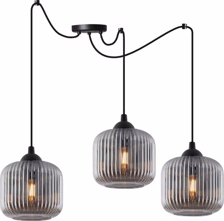 Lampada a sospensione RIFFLE a ragno, nera, a 3 luci, cilindro in vetro grigio, E27