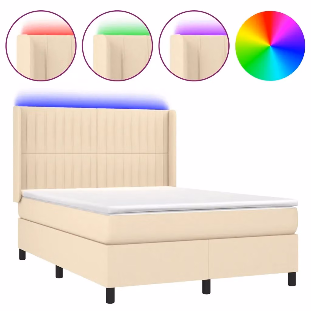Letto a Molle con Materasso vidaXL in Tessuto con Illuminazione LED e Porta USB, L/P/H: 140 x 200 x 128 cm, Beige/Bianco – 2