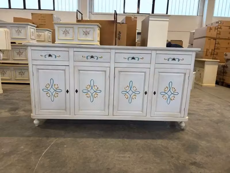 Credenza 4 porte in legno stile shabby chic bianco anticato con decori floreali Mobili 2G L/P/H: 196 x 43 x 98 cm – 2