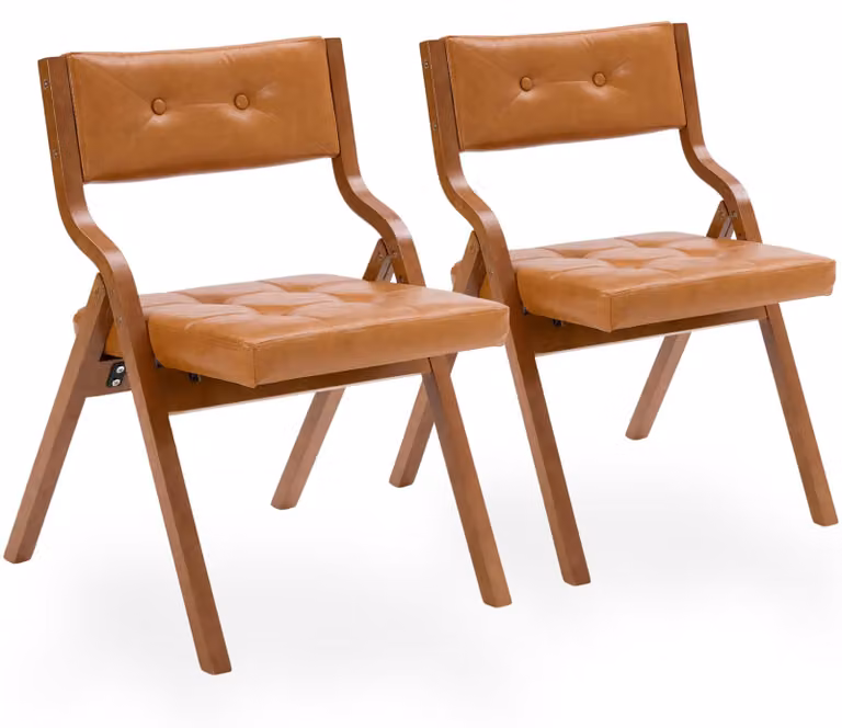 Set di 2 sedie da pranzo pieghevoli, rivestite in ecopelle, con struttura in legno curvato, finitura noce/marrone caramello