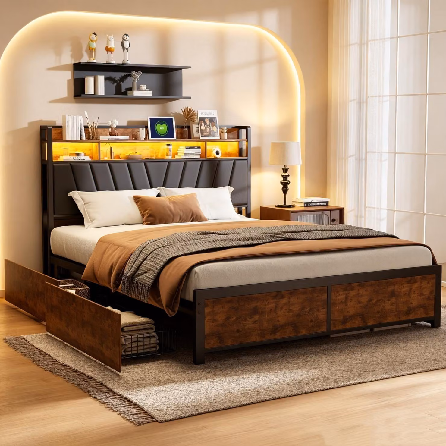 Letto imbottito INONEFT, 180x200 cm, con USB e prese di corrente, 4 cassetti, letto per ragazzi a due piazze con LED e rete a doghe, letto contenitore in legno massello, colore nero