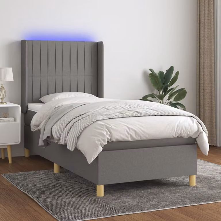 The Living Store Letto a molle con materasso e LED in tessuto grigio scuro 90x200 cm