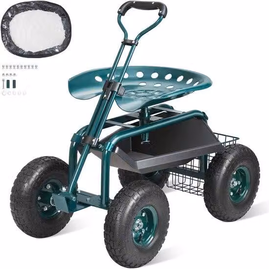 Carrello da giardino, sedia girevole a 360° con ruote, vassoio portaoggetti universale per utensili e maniglia per terrazza, giardino, spazi esterni e aree verdi.