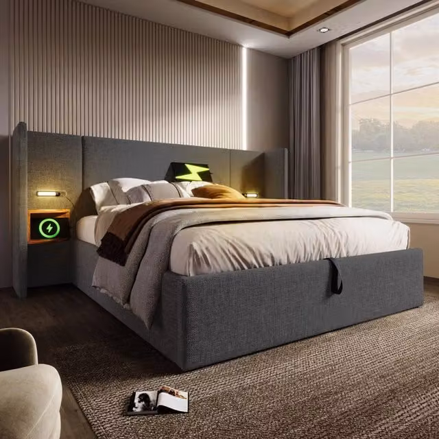Letto contenitore 180 × 200 cm con testiera multifunzione; luce da lettura e ricarica USB Type-C grigio