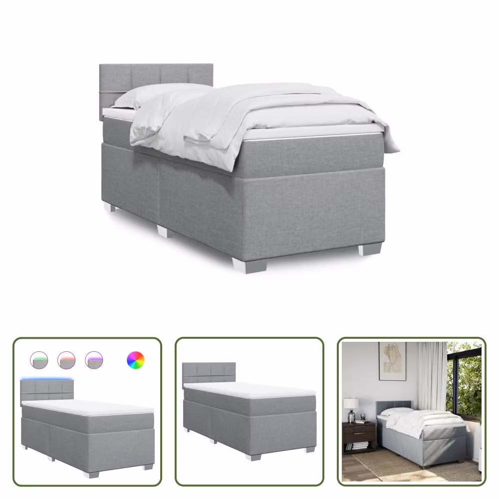 The Living Store Letto a molle con materasso grigio chiaro 90x190 cm in tessuto