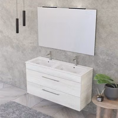 Mobile bagno sospeso moderno bianco e legno con specchio LED e chiusura soft close L: 118 cm, P: 42 cm, H: 62.9 cm – 1