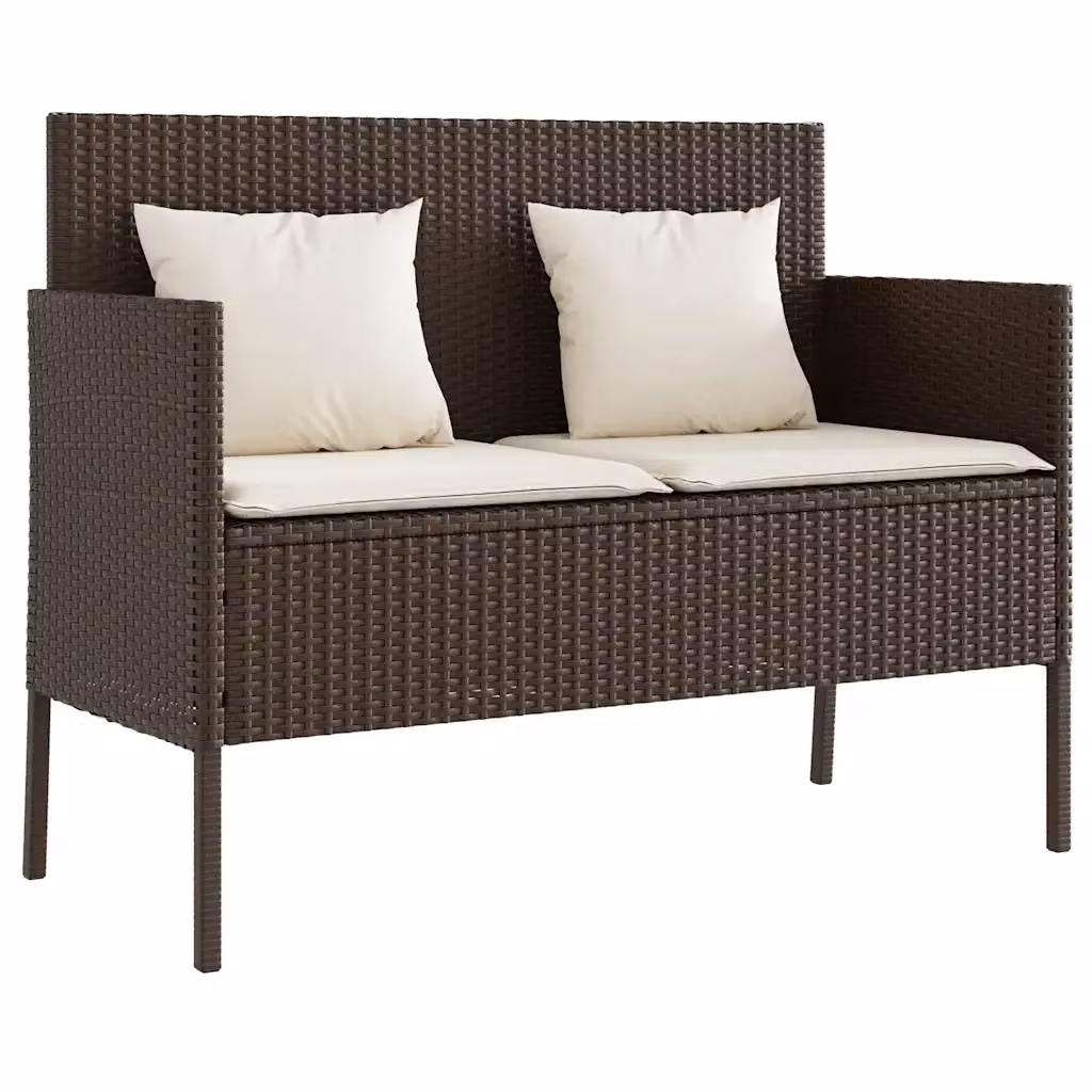 Panca da giardino Design Mania in polyrattan marrone con cuscini bianchi e braccioli – 2