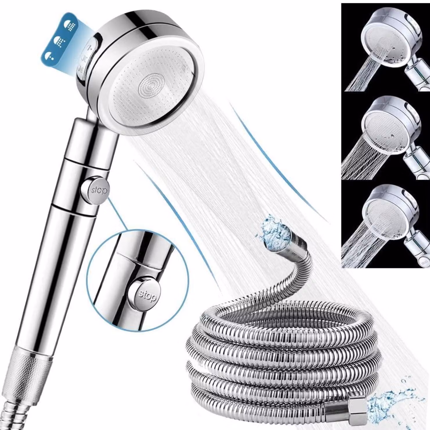 Set doccia con soffione, tubo flessibile da 2 metri, doccia a pioggia e doccetta manuale con 3 getti