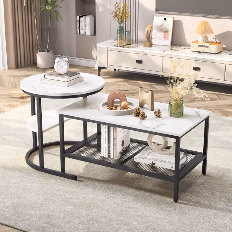 CDGlobal 2in1 tavolino rotondo set di 2, tavolo da soggiorno, tavolini in metallo dorato, tavolino per tavolo da divano, tavolino rotondo e tavolini rettangolari per soggiorno, camera da letto