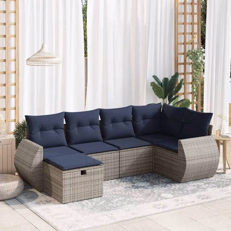 Set Divano da Giardino L-Shape vidaXL in Polyrattan Grigio con 6 Pezzi e Cuscini Imbottiti