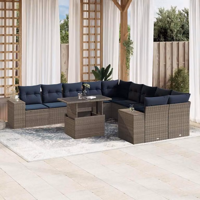 Set di divani da giardino vidaXL in polyrattan grigio con 11 pezzi, include cuscini e tavolino da esterno con struttura in metallo e vetro
