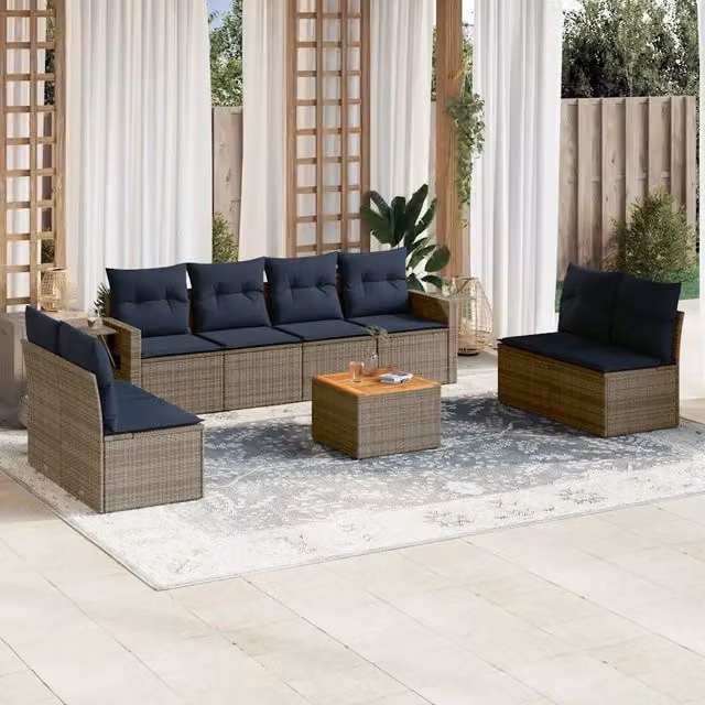 Set Divani da Giardino 9 pz con Cuscini Grigio in Polyrattan 3224528