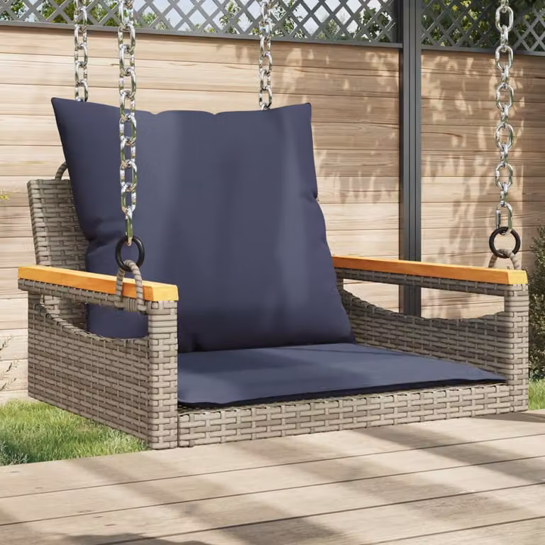 Panchina Dondolo vidaXL in Polyrattan e Legno di Acacia con Cuscini, Grigia e Blu, L 63 cm x P 62 cm x H 40 cm