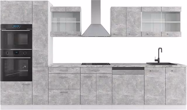 Cucina moderna Vicco R-Line Calcestruzzo e Bianco con armadio alto e piano in marmo, L: 350 cm