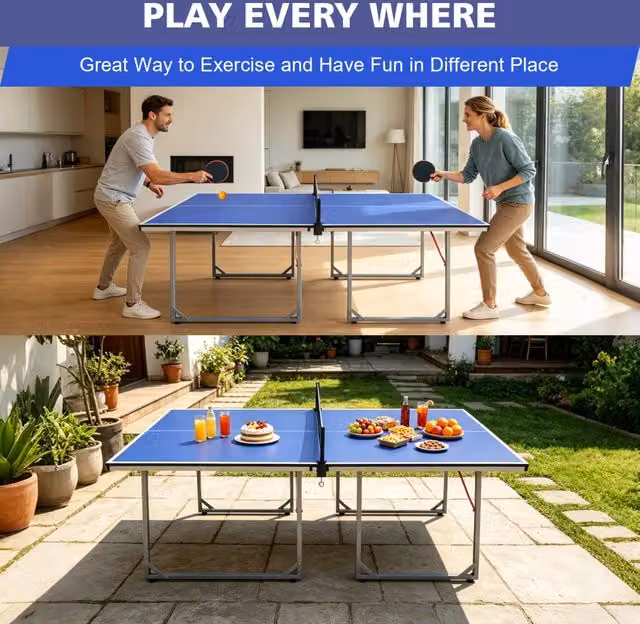 Tavolo da ping pong pieghevole WISHDOR blu in MDF e metallo con set completo