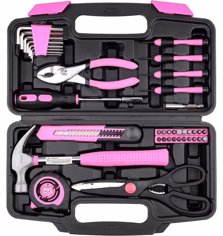 Set di attrezzi per il fai-da-te, 40 pezzi, rosa, con cassetta portattrezzi per uso domestico