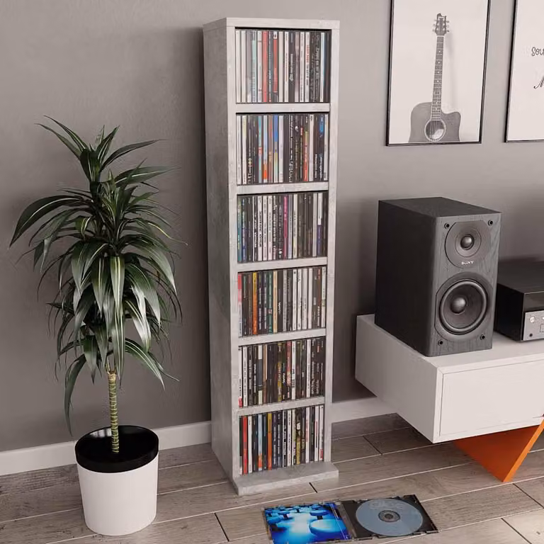 vidaXL Mobile Porta CD Grigio Cemento in Legno Multistrato L: 21 cm, P: 20 cm, H: 88 cm