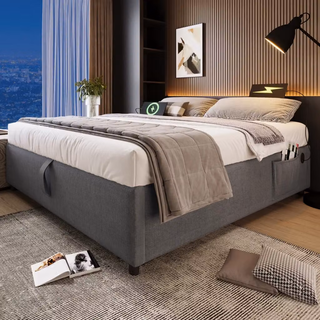 Letto contenitore matrimoniale con vano idraulico e porte di ricarica USB e Type-C in tessuto lino grigio, L 140 cm x P 200 cm – 2