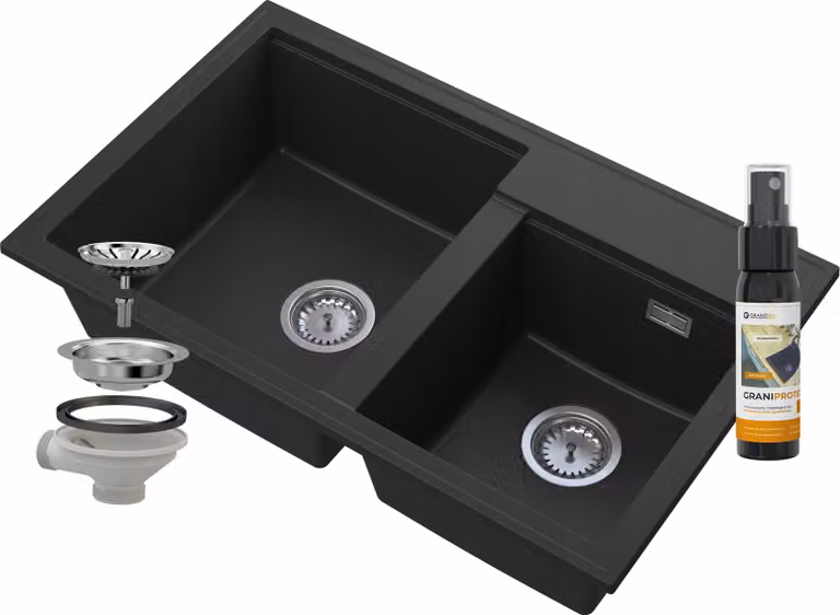 Granitan - Lavello in granito - Lavandino 80x50 cm - Lavello cucina nero - con sifone - HEKTOR