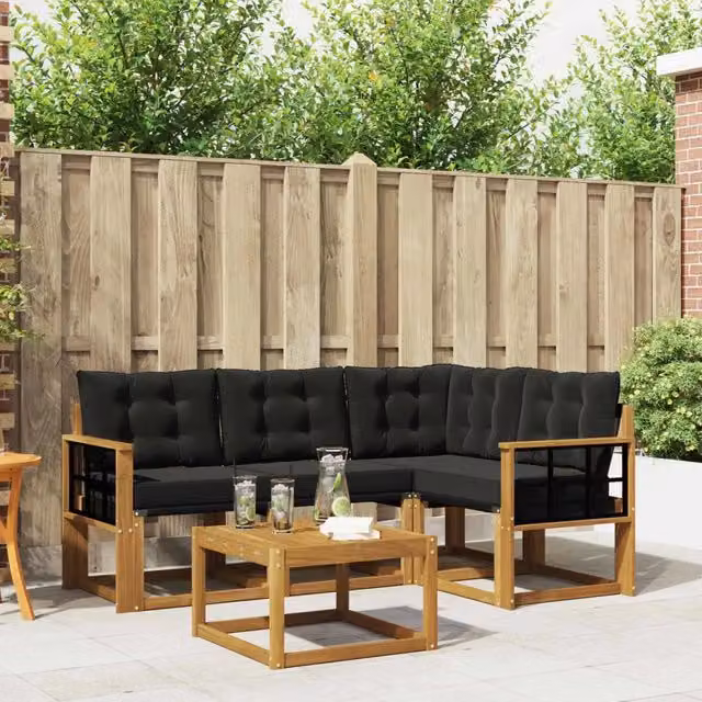 Set di divani da esterno a L con tavolino vidaXL in legno di acacia e textilene, colore marrone e nero – 1