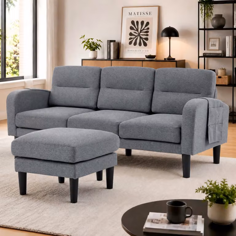 Divano ad angolo a L a 3 posti Merax con chaise longue e 6 tasche laterali, divano ad angolo modulare con cuscini sfoderabili e 10 robuste gambe, grigio