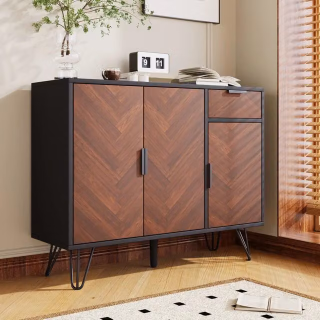 Mobile contenitore moderno OKWISH per soggiorno con 3 ante, 1 cassetto e ripiani regolabili in MDF, colore nero e marrone, L: 90 cm, P: 30 cm, H: 71,5 cm