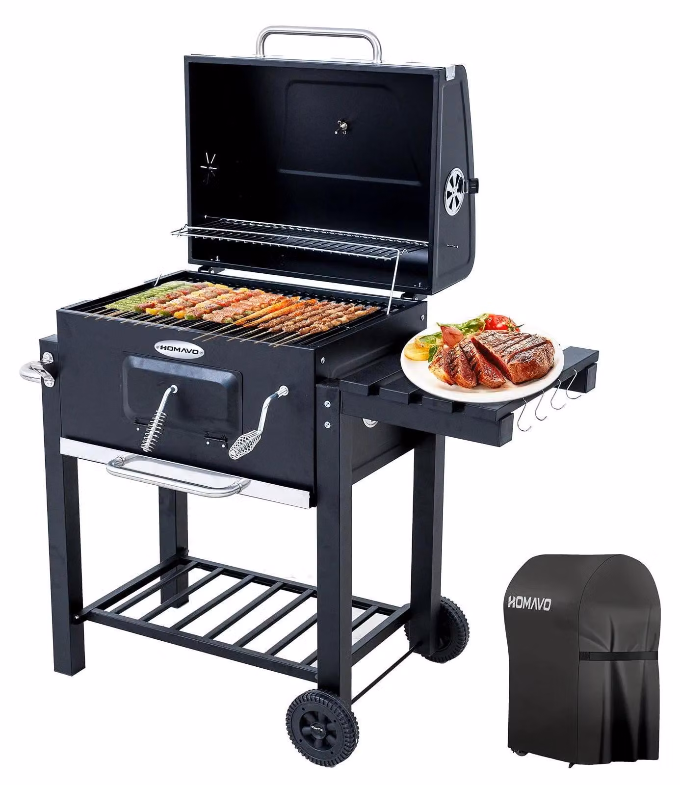 Barbecue a carbonella - BBQ-DC - Griglia smaltata 56 cm - Griglia di mantenimento del calore 53,5 cm - Vassoio per carbone regolabile - Tavolino laterale ribaltabile - Ruote e copertura antipioggia - Nero