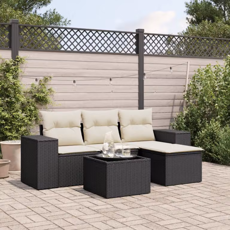 vidaXL Set Divani da Giardino a L 5 pz con Tavolino e Cuscini, Polyrattan e Metallo, Nero e Bianco