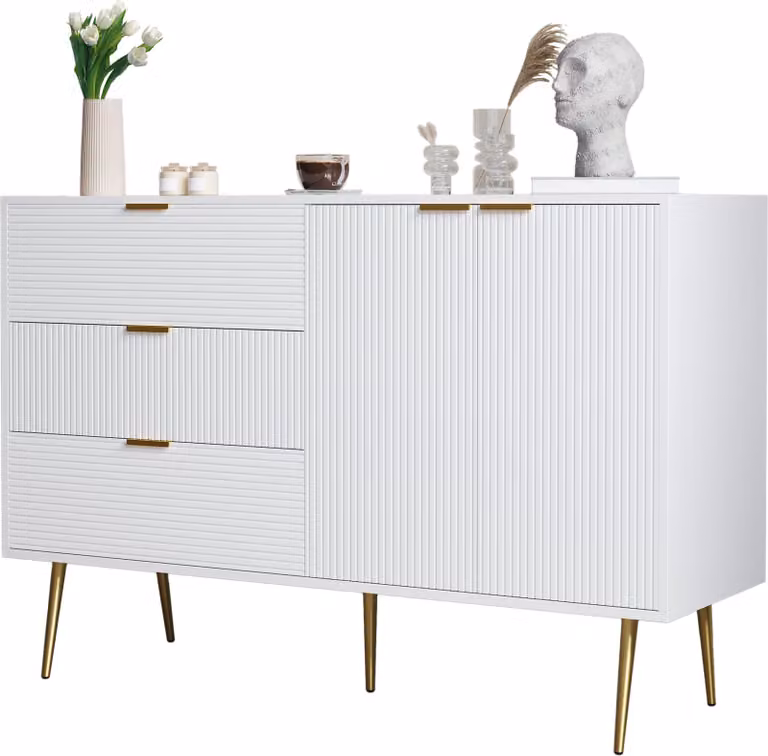 Credenza Sweiko, mobile da soggiorno con ante e cassetti, ripiani interni, cassettiera con maniglie e gambe dorate
