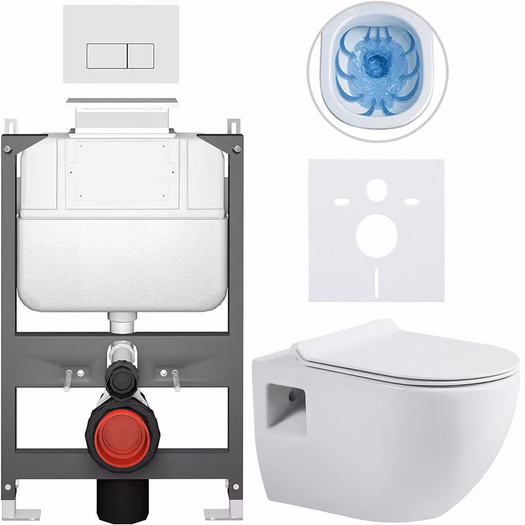 Set completo per WC sospeso Dure - bianco lucido - pulsante Prime/Modulo, bianco - comando superiore - installazione a parete/cartongesso - 51x35 cm