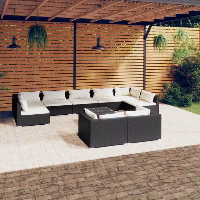 Set di Divani da Giardino a Forma di U con Tavolino vidaXL, 10 Pezzi in Polyrattan Nero e Cuscini Beige