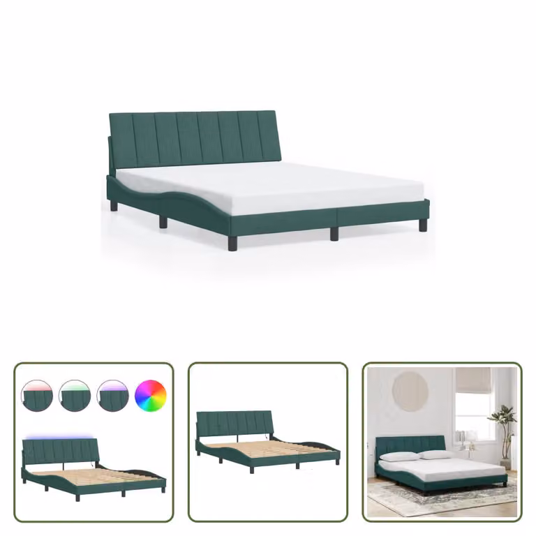 The Living Store Struttura letto con luci LED verde scuro 160x200 cm in velluto