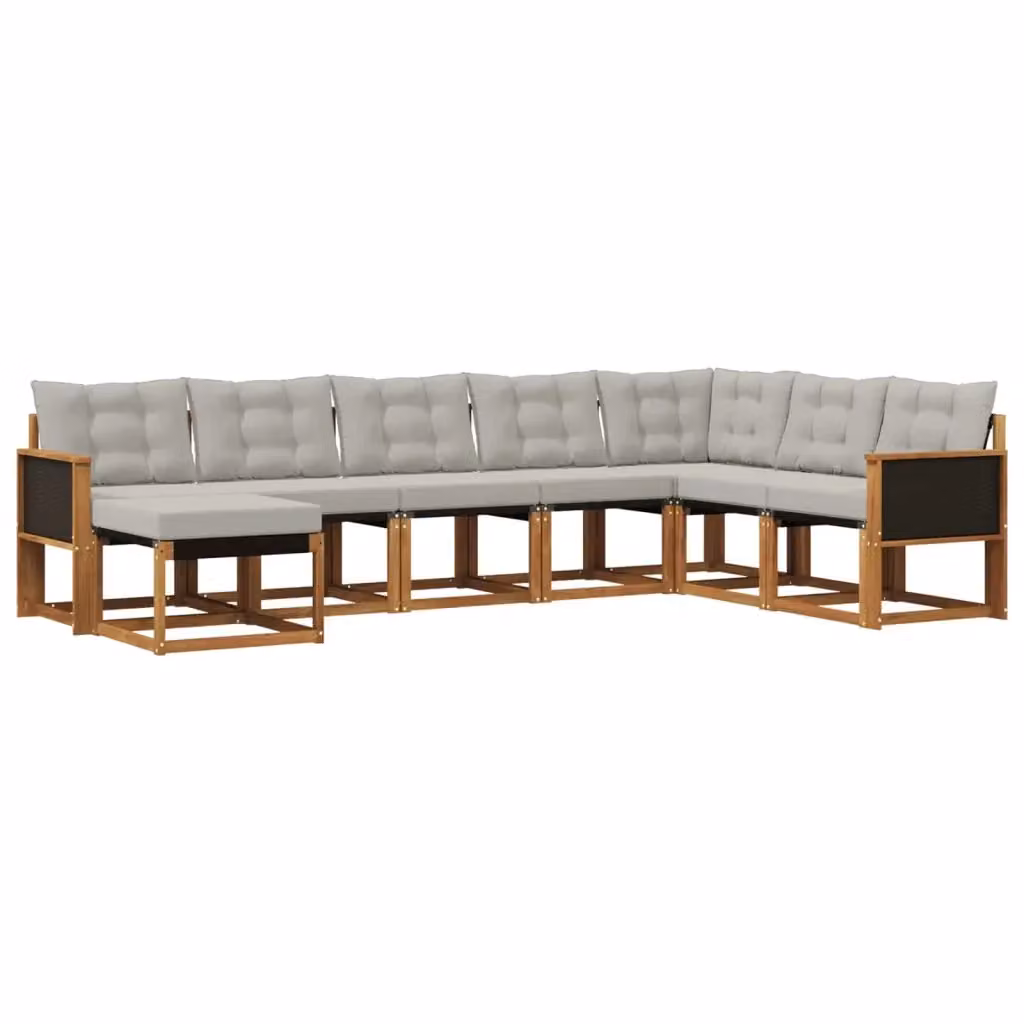 Set di divani da esterno a L vidaXL in legno di acacia con 8 pezzi, beige e grigio, comprensivo di cuscini e pouf – 2