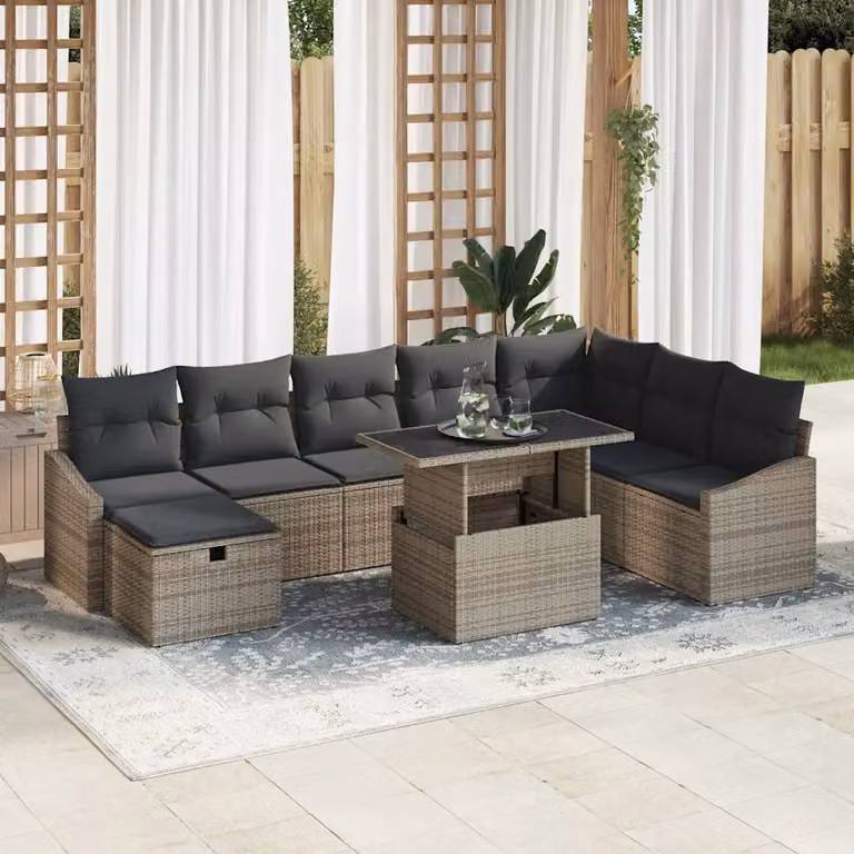 Set Divano da Giardino vidaXL 9 Pezzi in Polyrattan Grigio con Tavolino e Cuscini