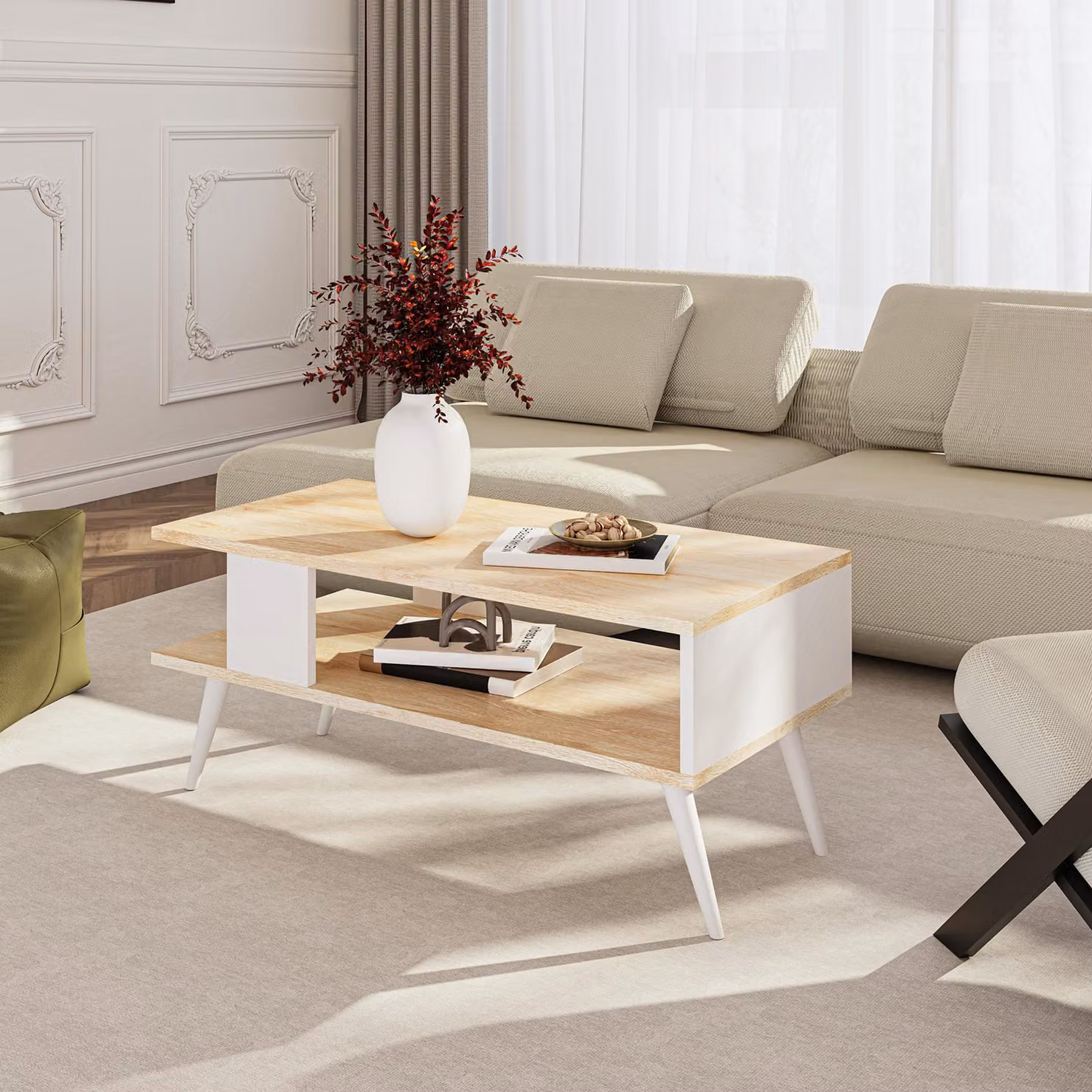 Tavolino Lycksele Tavolino da salotto con contenitore rettangolare in rovere bianco con ripiano inferiore Tavolino da divano