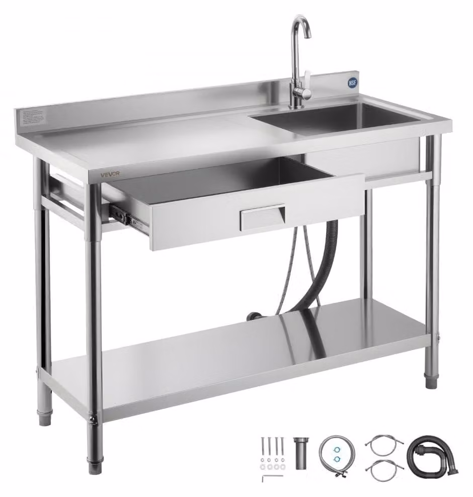 Lavello da cucina a una vasca - 120 x 50 x 94 cm - Acciaio inossidabile - Con rubinetto e cassetto