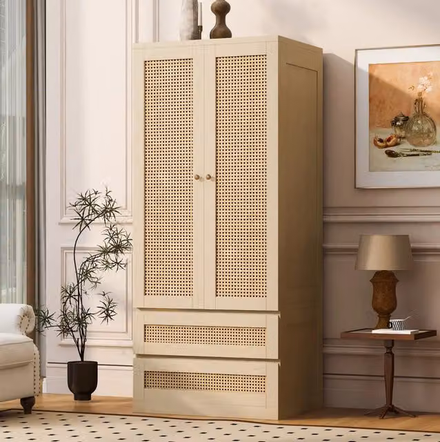 Armadio a doppia anta 70x55x170 cm in legno colore legno; con 2 cassetti ed effetto rattan