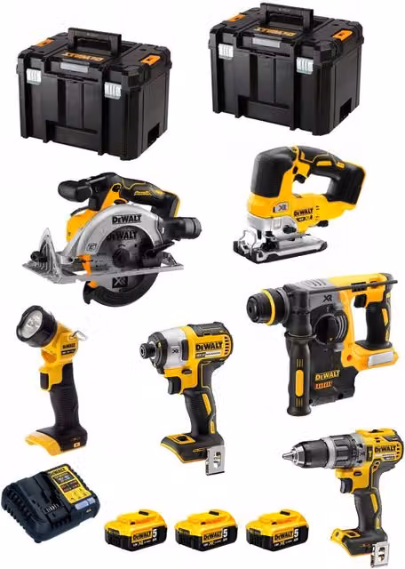 Kit DeWALT DCK690P3T composto da avvitatore, trapano, martello perforatore, seghetto alternativo, troncatrice, 3 batterie da 5,0 Ah e 2 contenitori TSTAK VI, colore giallo