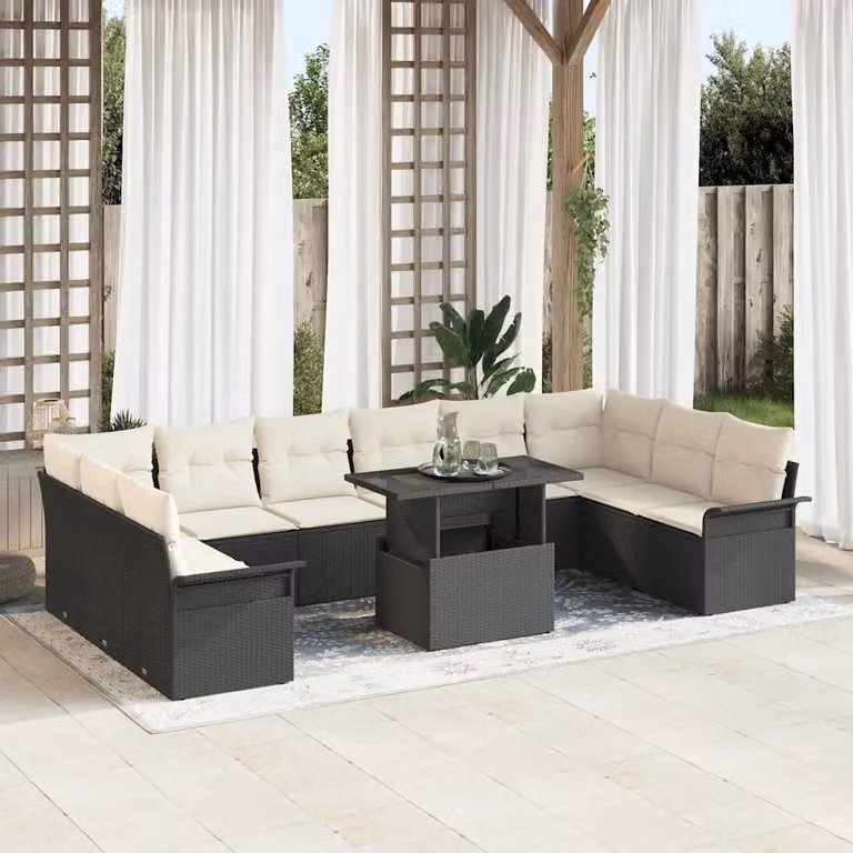 Set Divano da Giardino vidaXL in 11 Pezzi in Polyrattan Nero con Cuscini e Tavolino da Esterno