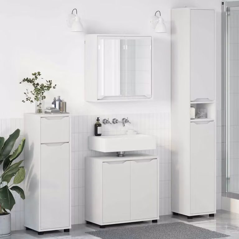 Set di mobili per il bagno moderno vidaXL in bianco composto da mobile lavabo, armadietto con specchio e pensili in legno e MDF
