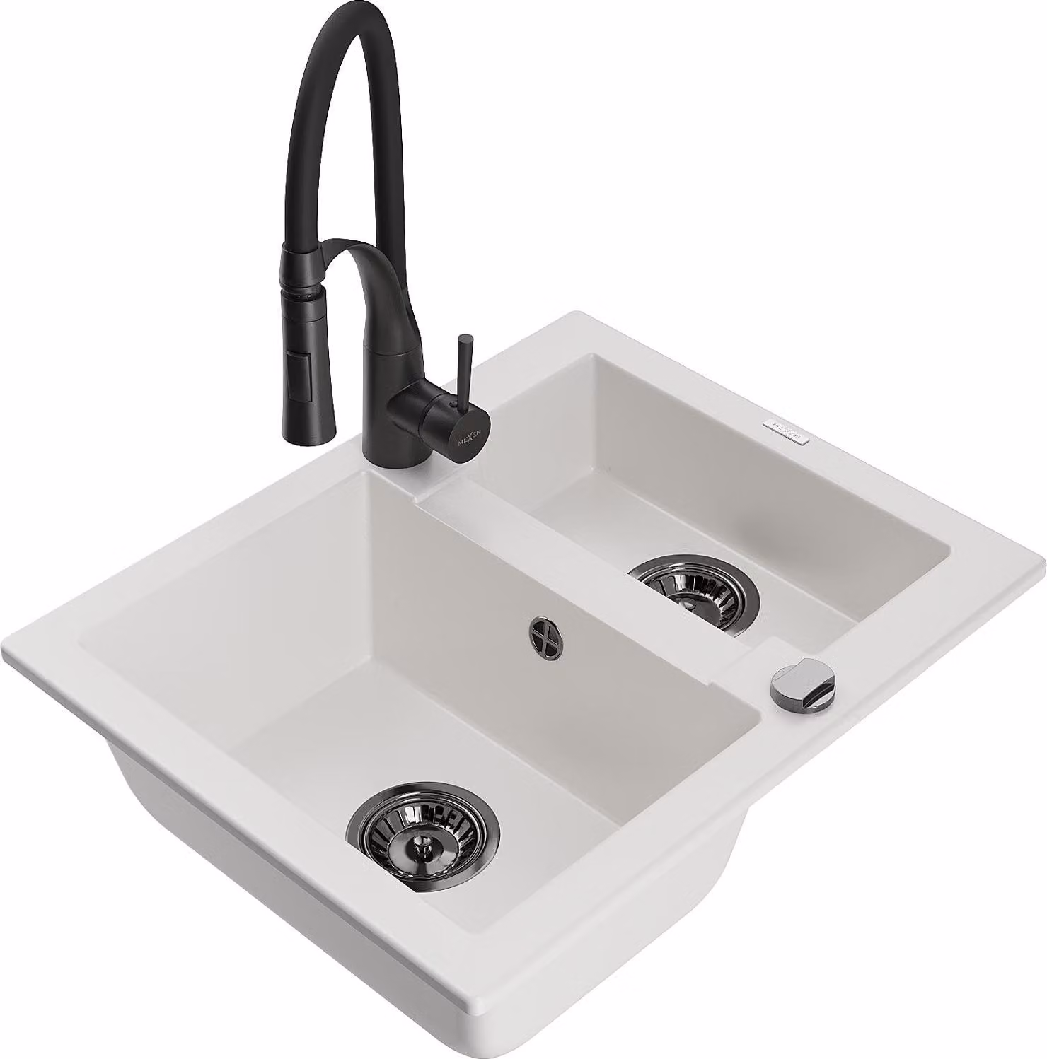 Mexen Carlos lavello in granito 1,5 vasca con miscelatore da cucina Aster, bianco - 6518-20-73450-70-B