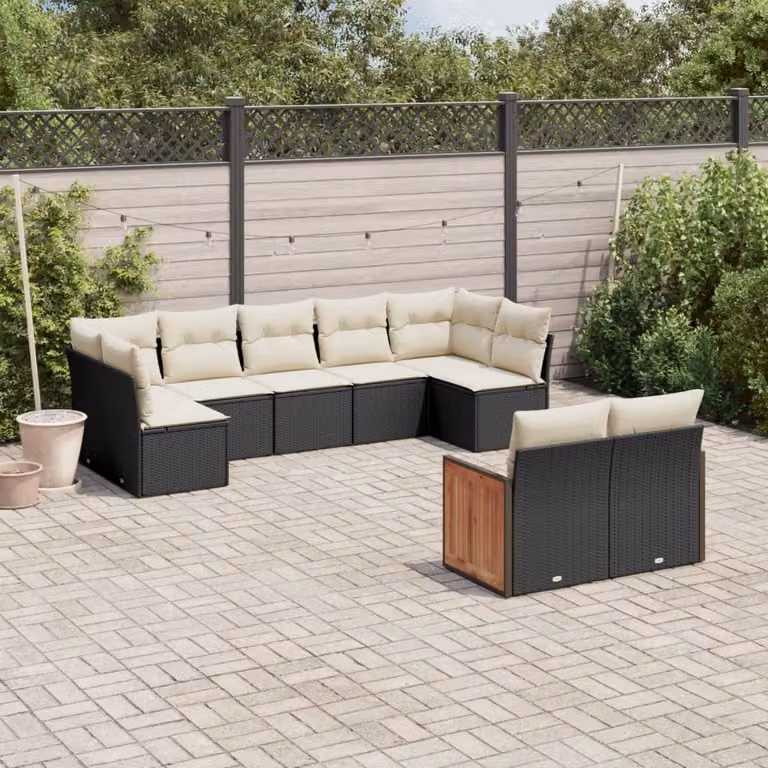 Set di divani da giardino vidaXL a forma di L composto da 9 pezzi in polyrattan nero con cuscini inclusi