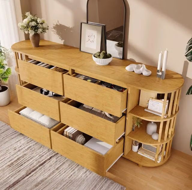 Credenza 160 cm in rovere con design romano, 6 cassetti, ripiani in bambù regolabili in altezza, H75 x L160 x P40 cm