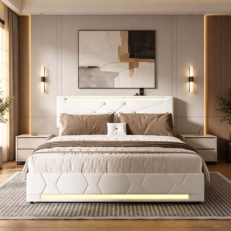 Letto con rete a molle INONEFT, 140x200 cm, letto imbottito con spazio contenitore ad apertura idraulica, letto matrimoniale per ragazzi con illuminazione LED e prese USB, colore beige lino