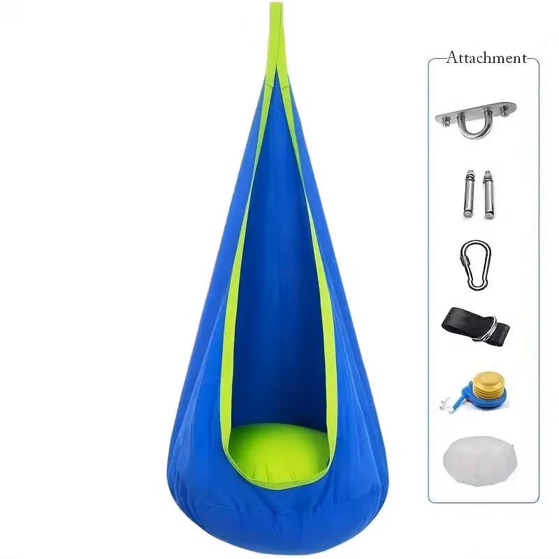 Sedia a dondolo sospesa per bambini - Amaca - Portatile - Tessuto simile al paracadute - Cuscino gonfiabile - Adatta per interni ed esterni - Blu