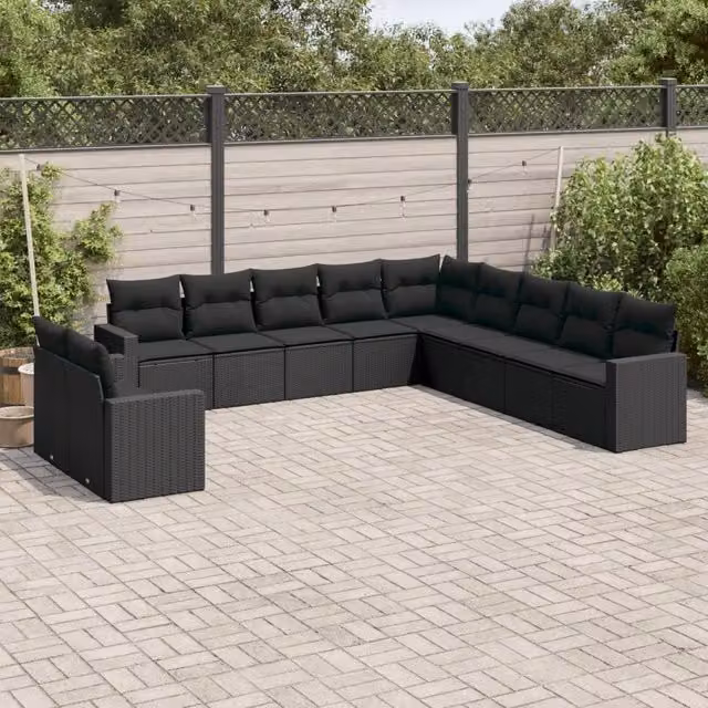 Set di divani da giardino VIDAXL in polyrattan nero con cuscini, 11 pezzi – 1