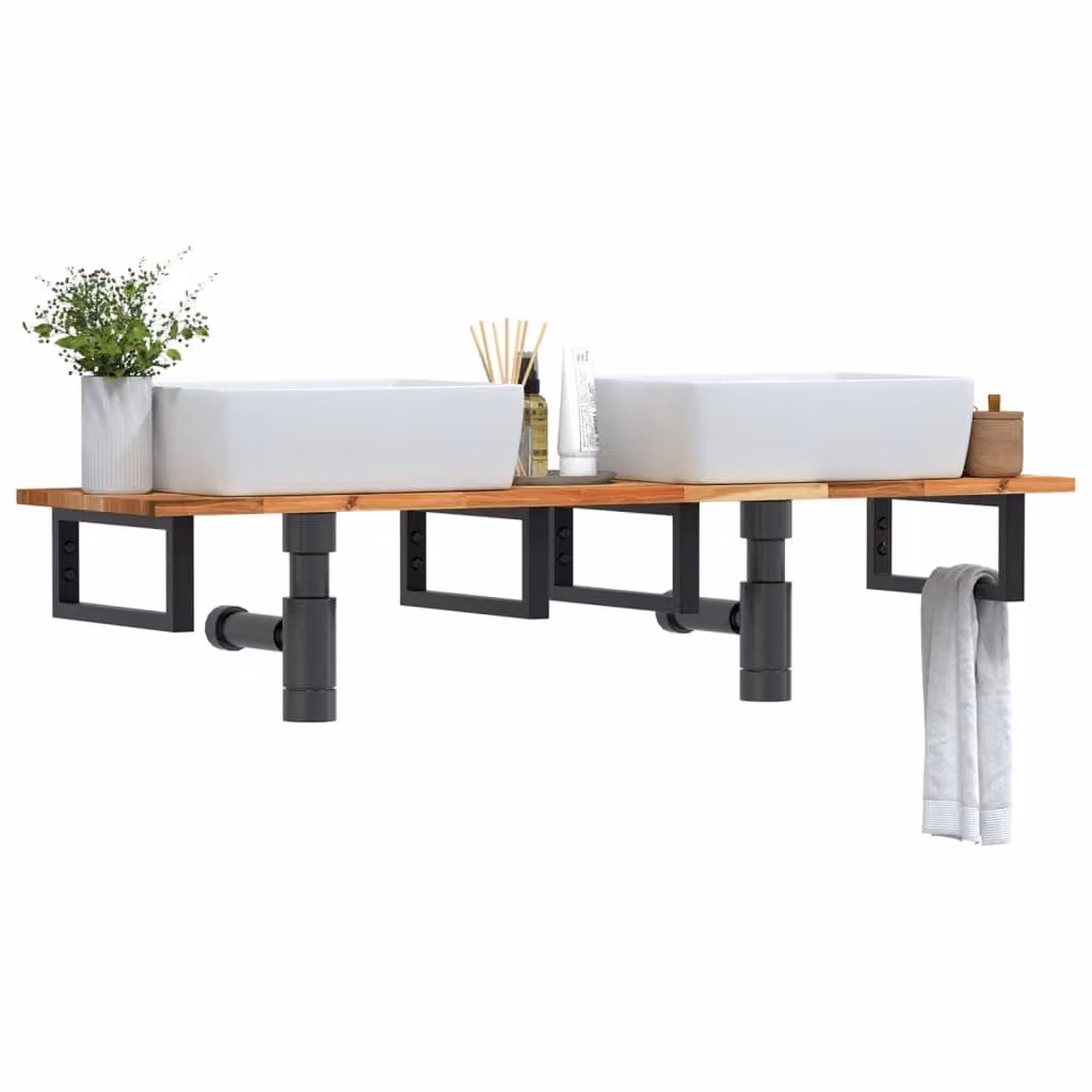 vidaXL Ripiano a Parete per Lavabo in Legno di Acacia Oliato e Metallo, L 120 x P 40 x H 17 cm, Nero e Marrone