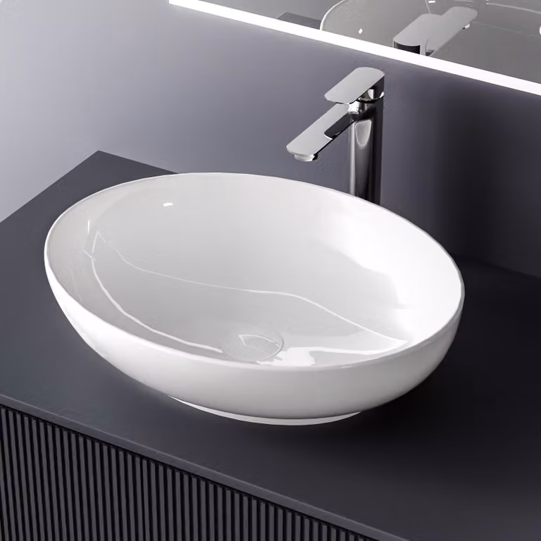 EMKE lavabo in Vetroceramica lavabo ovale da appoggio in bianco lucido senza foro per rubinetto 52 x 39,5 x 13 cm
